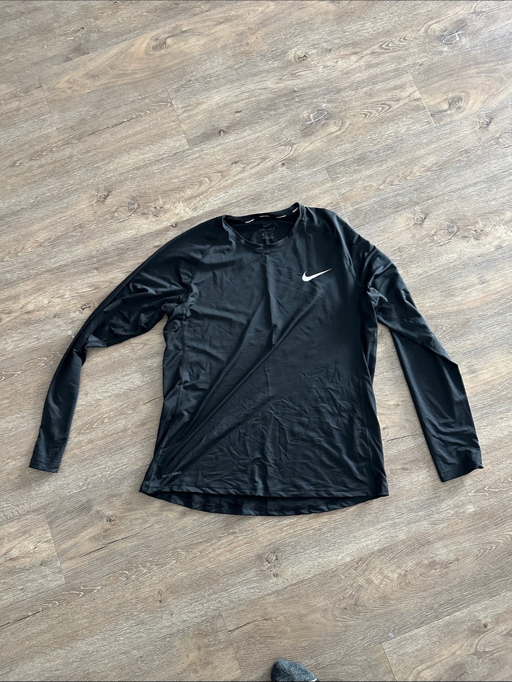 Nike PRO DriFit Black Long-Sleeve Athletic Training Top with White Swoosh